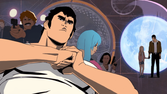 Personnages animés en mouvement avec un fond abstrait