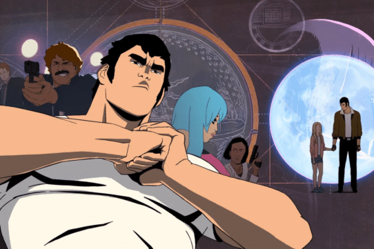 Personnages animés en mouvement avec un fond abstrait