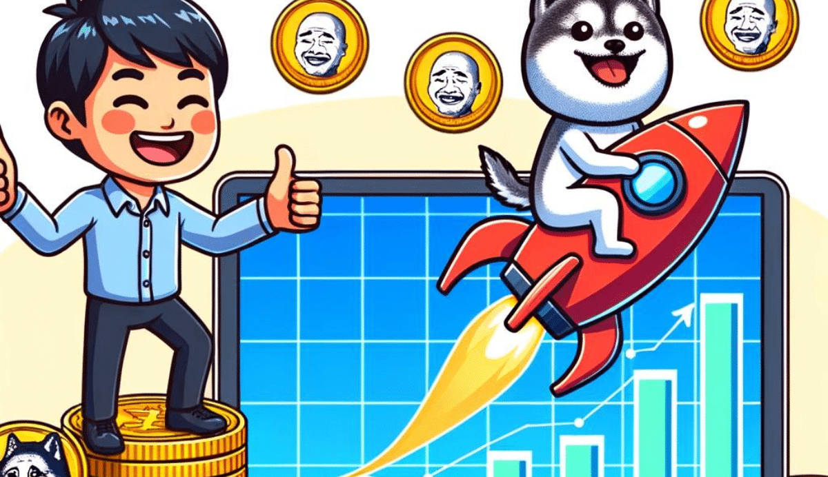 Illustration d'un homme et d'un chien sur une fusée avec des pièces et un graphique