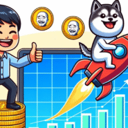 Illustration d'un homme et d'un chien sur une fusée avec des pièces et un graphique