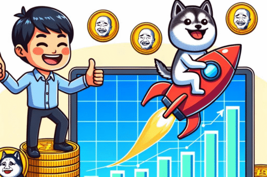 Illustration d'un homme et d'un chien sur une fusée avec des pièces et un graphique