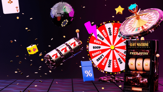 Scène de casino avec machine à sous et roue de la fortune