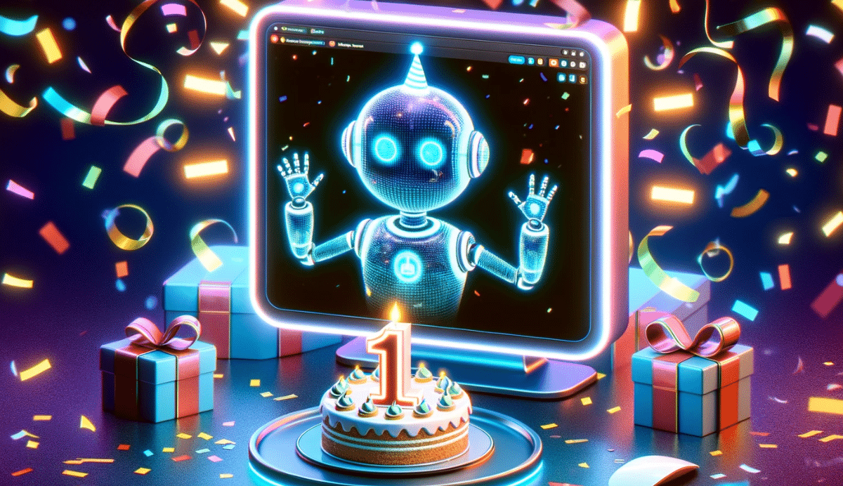 Robot numérique fêtant son premier anniversaire avec gâteau et cadeaux