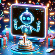 Robot numérique fêtant son premier anniversaire avec gâteau et cadeaux