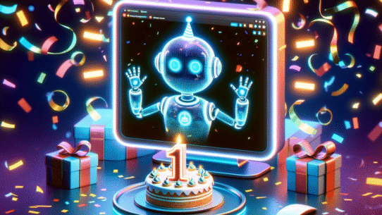 Robot numérique fêtant son premier anniversaire avec gâteau et cadeaux