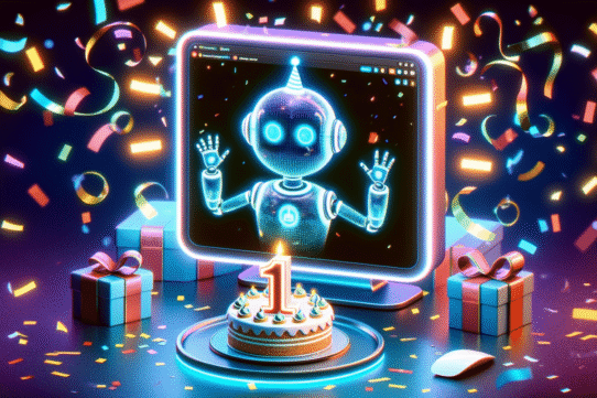 Robot numérique fêtant son premier anniversaire avec gâteau et cadeaux