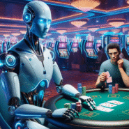 Robot jouant au poker avec des joueurs dans un casino lumineux