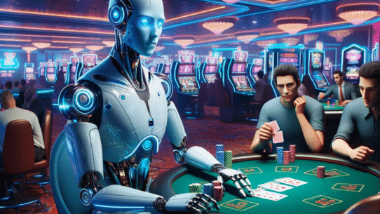 Robot jouant au poker avec des joueurs dans un casino lumineux