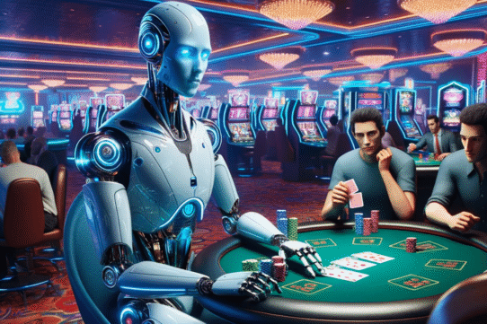 Robot jouant au poker avec des joueurs dans un casino lumineux