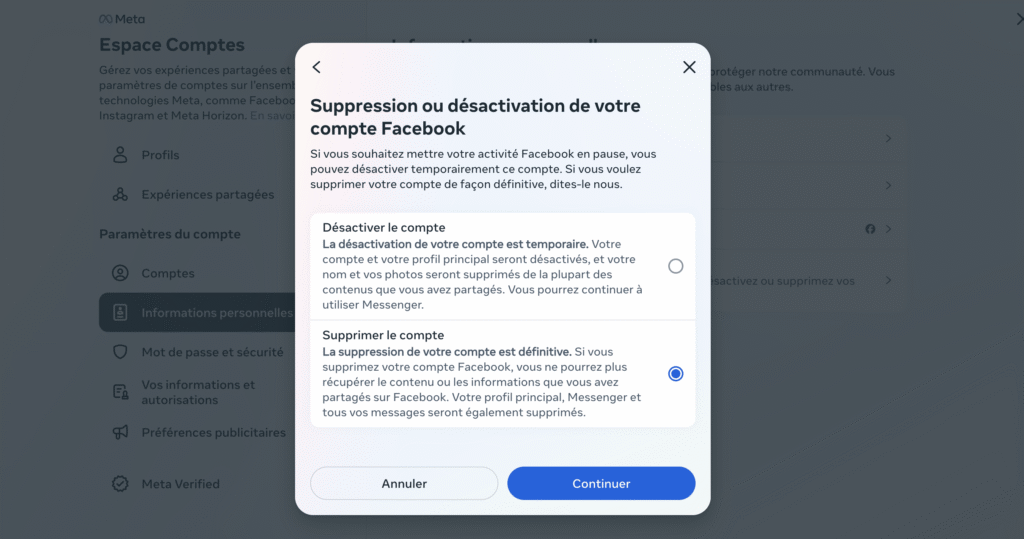 Désactivation ou suppression Facebook