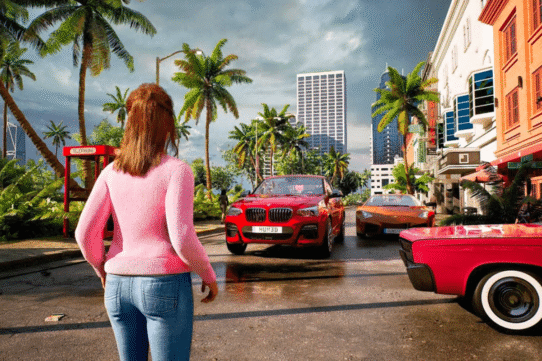 Femme en pull rose face à des voitures dans une rue bordée de palmiers