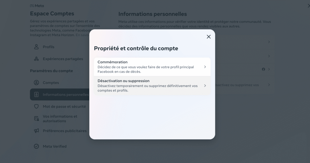 Propriété et contrôle du compte Facebook