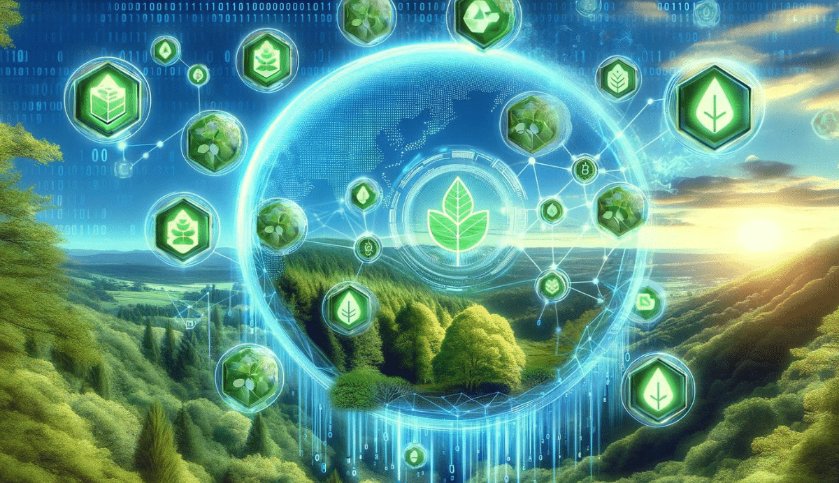 Symboles écologiques sur fond de paysage naturel et numérique