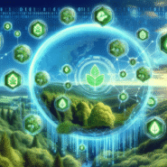 Symboles écologiques sur fond de paysage naturel et numérique