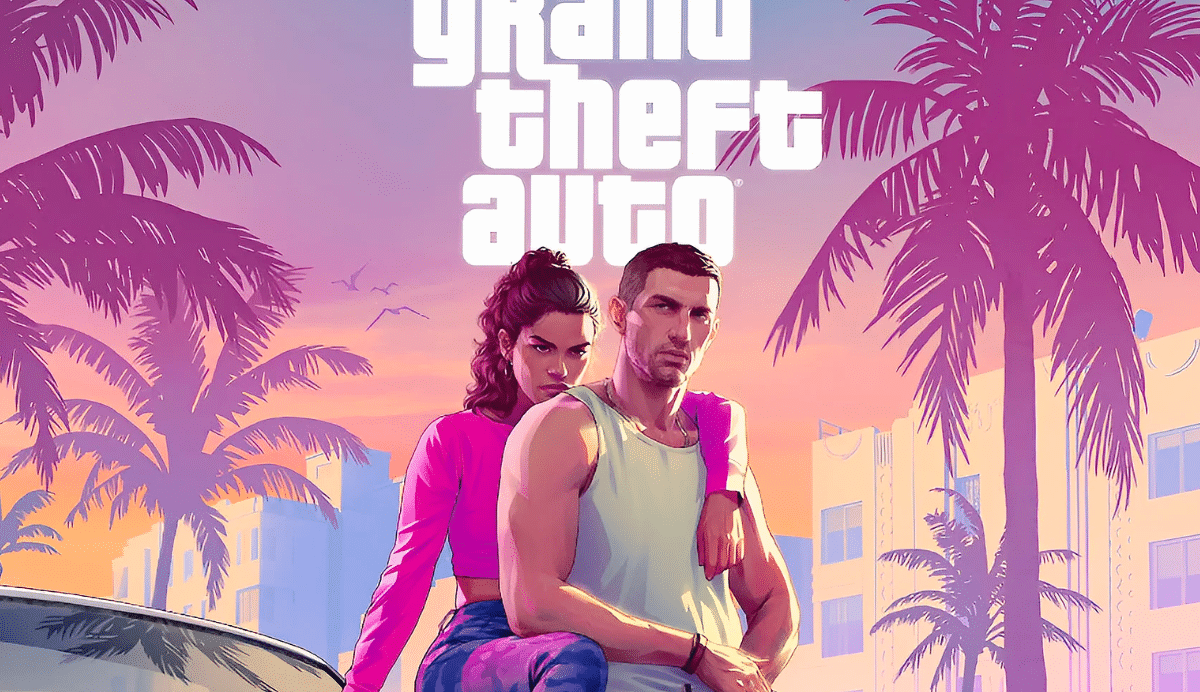 Illustration de deux personnages devant des palmiers au coucher du soleil