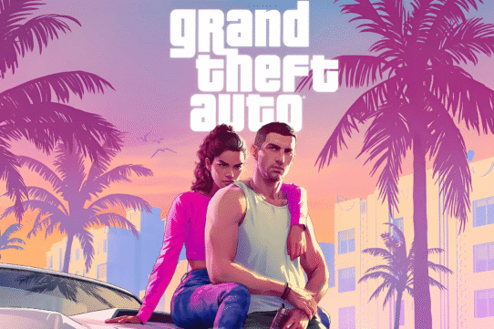 Illustration de deux personnages devant des palmiers au coucher du soleil