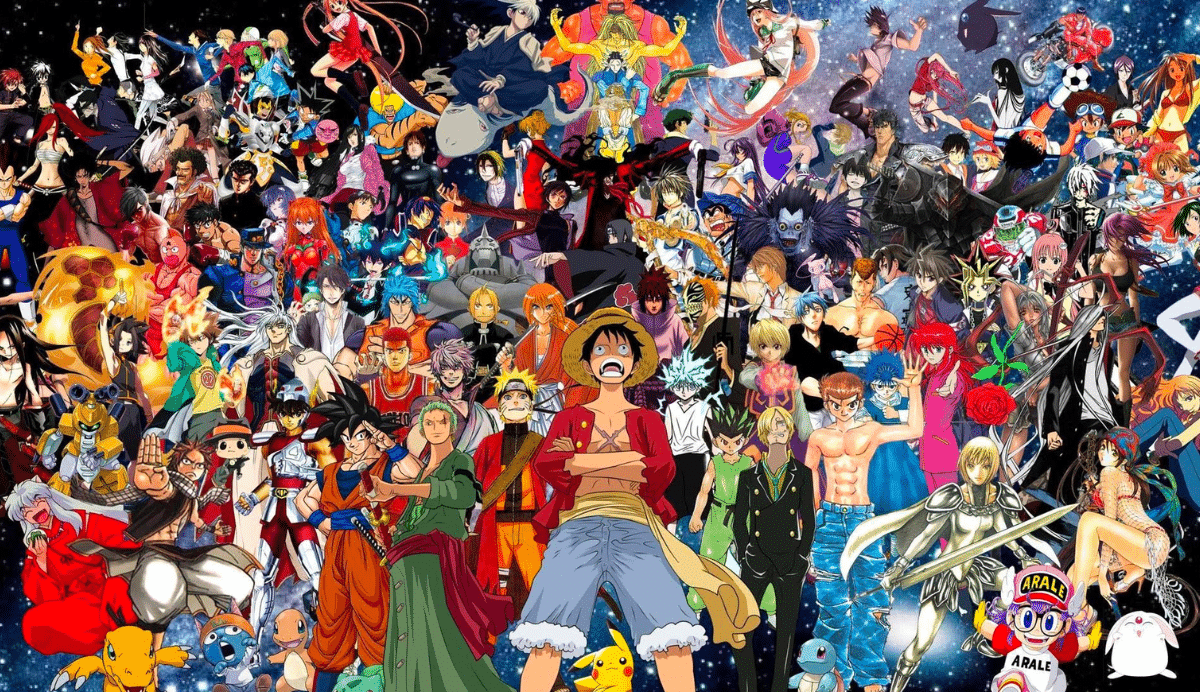 Collage de personnages célèbres de divers mangas sur fond spatial