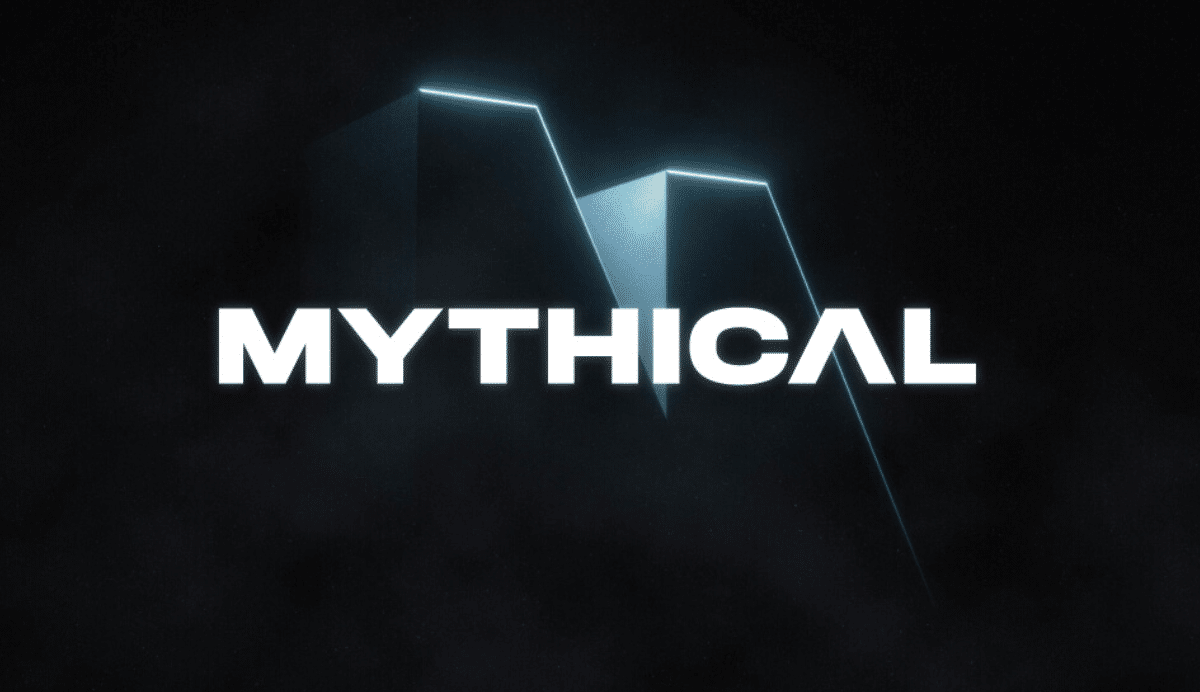 Logo lumineux avec texte Mythical sur fond sombre