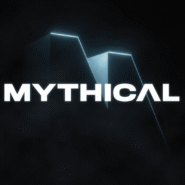 Logo lumineux avec texte Mythical sur fond sombre