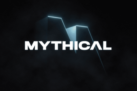 Logo lumineux avec texte Mythical sur fond sombre