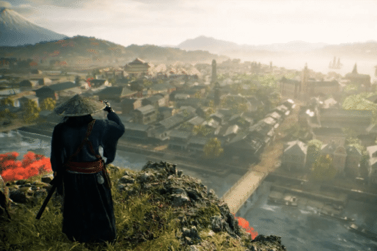 Samouraï observant une ville japonaise depuis une colline