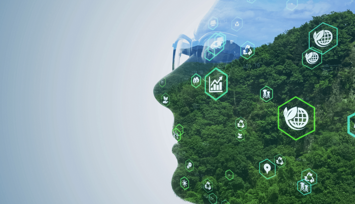 Profil humain fusionné avec une forêt et des icônes écologiques