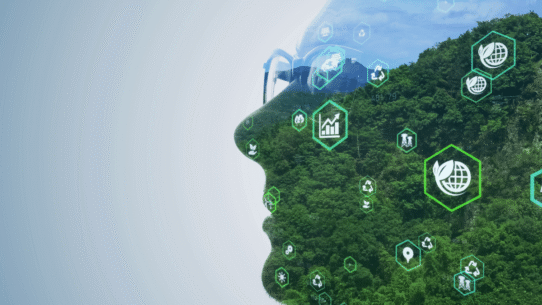 Profil humain fusionné avec une forêt et des icônes écologiques