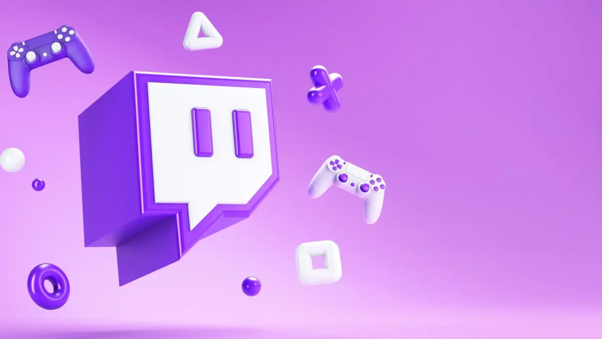 Icône de streaming et manettes de jeu en 3D sur fond violet