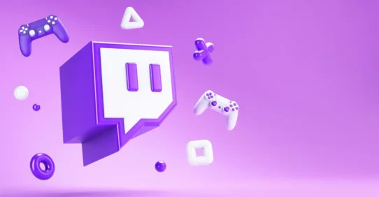 Icône de streaming et manettes de jeu en 3D sur fond violet