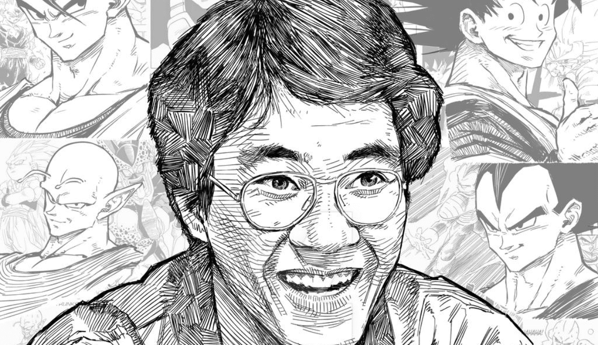 Portrait dessiné d'un homme entouré de personnages de manga.