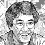 Portrait dessiné d'un homme entouré de personnages de manga.