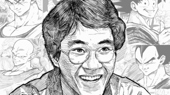 Portrait dessiné d'un homme entouré de personnages de manga.