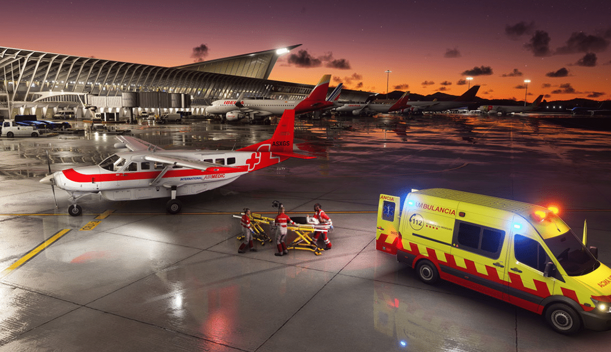 Avion médical et ambulance sur le tarmac d'un aéroport au crépuscule