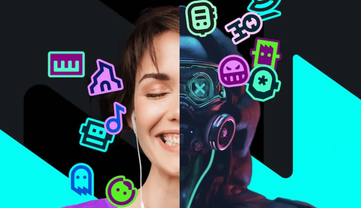 Visage humain et masque technologique avec icônes colorées