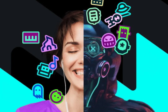 Visage humain et masque technologique avec icônes colorées