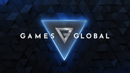 Logo Games Global sur fond de triangles bleus