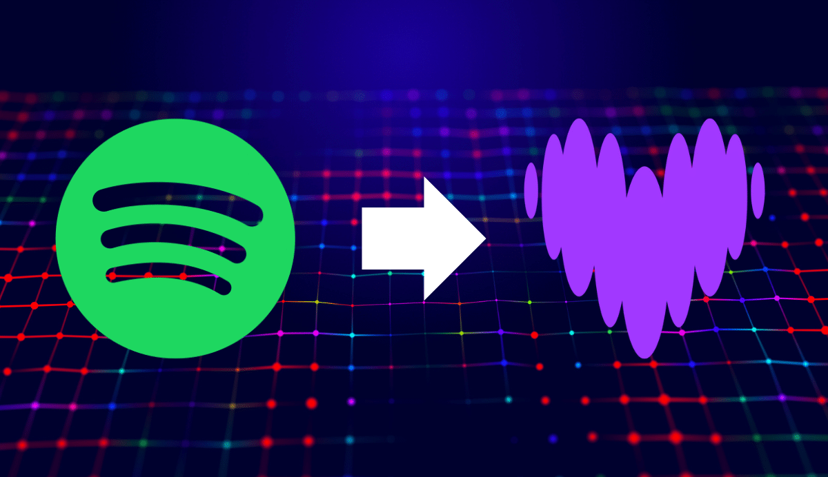Logo Spotify avec une flèche vers une onde sonore violette