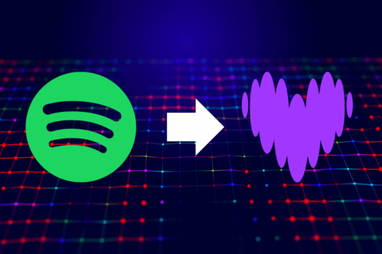 Logo Spotify avec une flèche vers une onde sonore violette