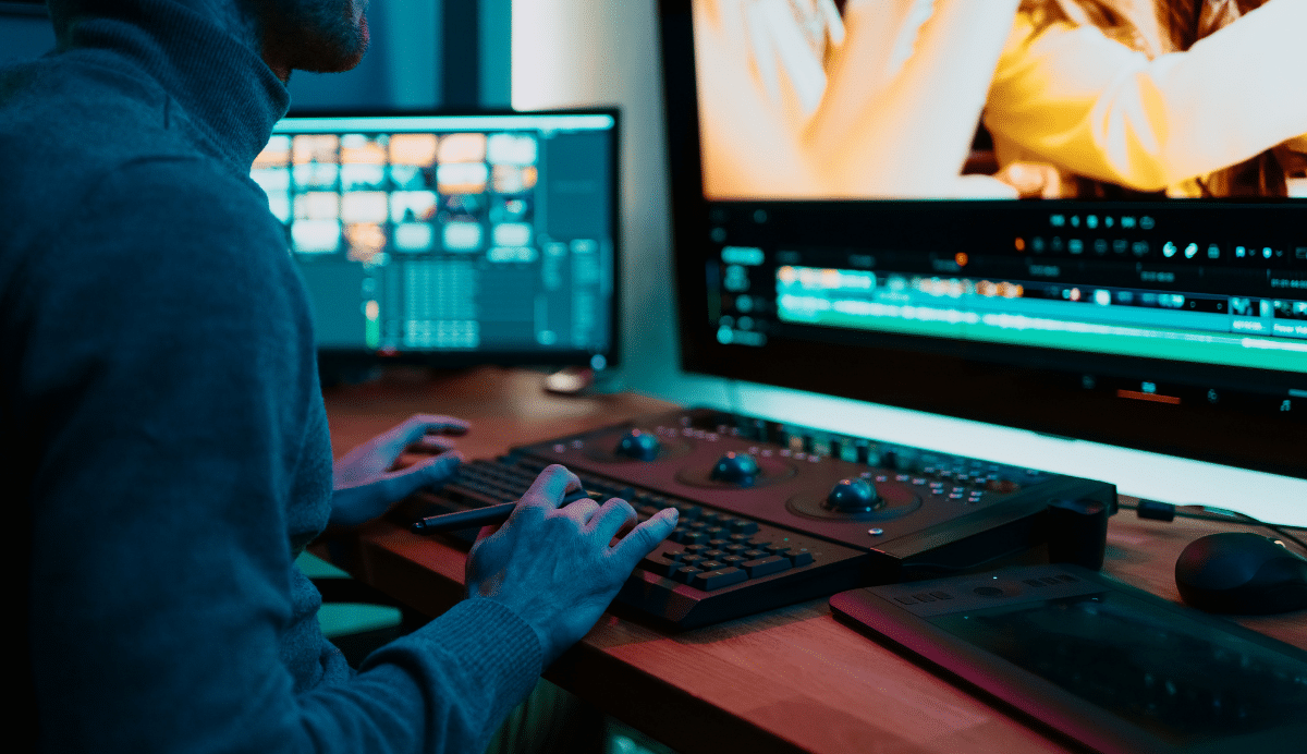 Éditeur vidéo travaillant sur un projet dans un studio moderne