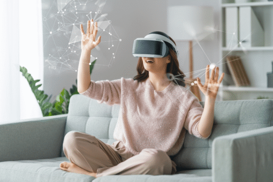 Femme utilisant un casque de réalité virtuelle dans un salon moderne