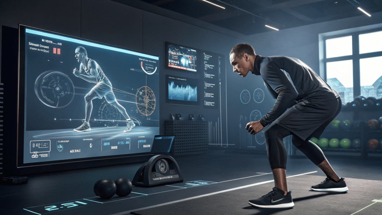 Homme s'entraînant avec un écran numérique interactif