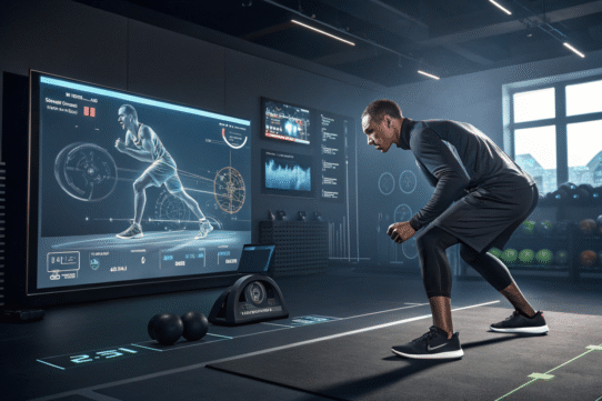 Homme s'entraînant avec un écran numérique interactif