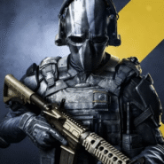 Soldat en armure futuriste tenant une arme sur fond bleu et jaune