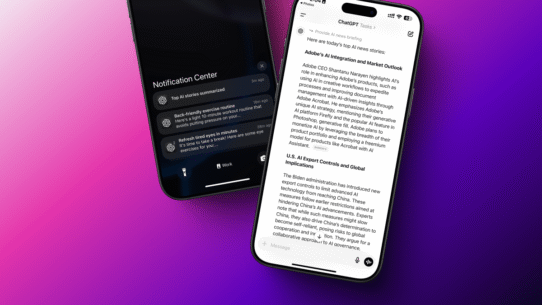 Deux téléphones montrant des notifications et un texte ChatGPT sur un dégradé rose.