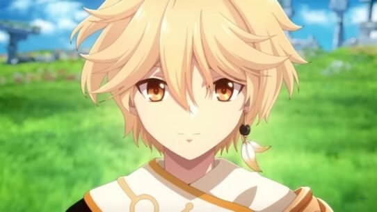 Personnage d'animation aux cheveux blonds avec un paysage en arrière-plan