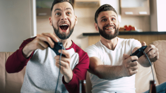 Deux hommes souriants jouent à un jeu vidéo sur un canapé