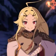 Personnage animé blond avec des yeux rouges dans une forêt enneigée