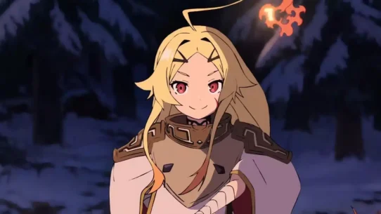 Personnage animé blond avec des yeux rouges dans une forêt enneigée