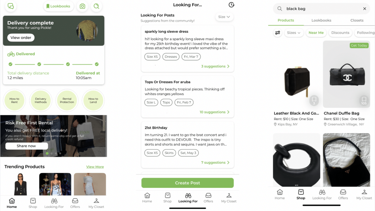 Interface d'une application de location de vêtements et accessoires