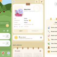 Interface d'application de bien-être avec tâches quotidiennes et avatar